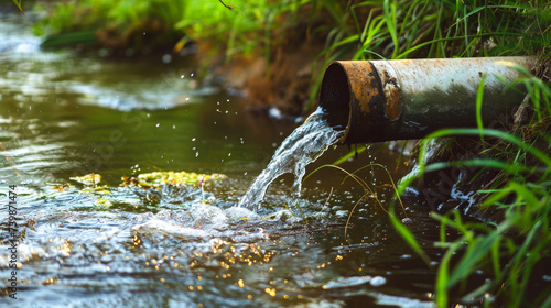 Rustic Pipe Pouring Clear Water into a Fresh Green Forest Stream