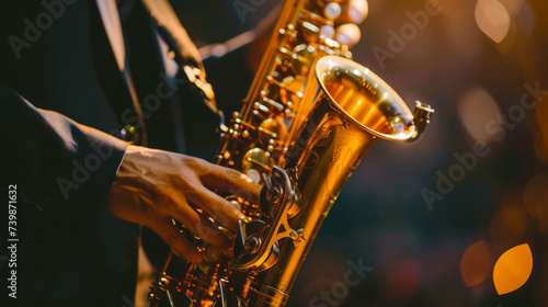 Golden Saxophone Close-Up in Moody Jazz Setting