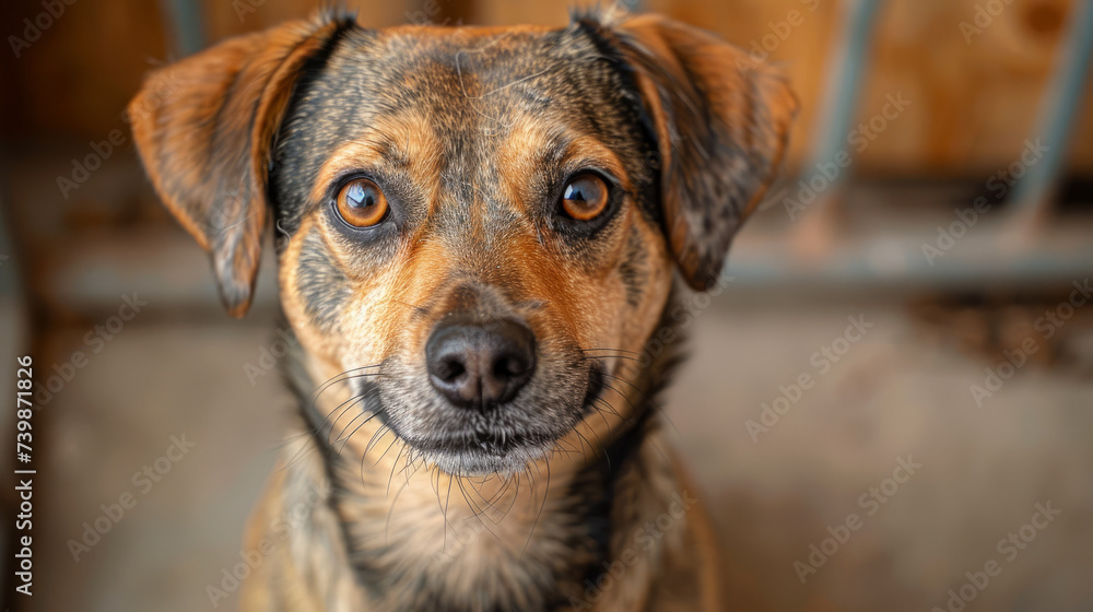 Close-up of a mixed-breed dog, with a warm gaze and perked ears, evoking empathy and a personal connection