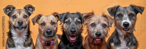 banner of Lineup of diverse dogs against a mustard background, showcasing a range of expressions and personalities