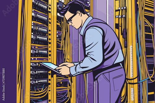network engineer working with ethernet wires in the network room