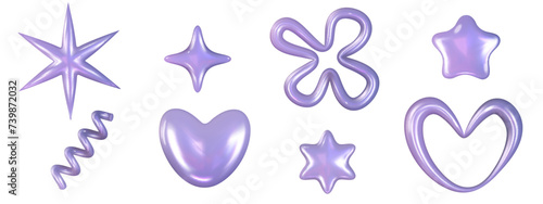 3d y2k Chrome holographic glossy element set. Abstract shape chrome metal render. Y2K form shiny purple holo light. Vector illustration 3d render.