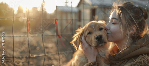 A girl kisses a golden puppy with the sunset behind them, capturing a heartfelt moment of affection at an animal shelter