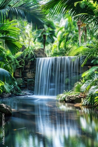 Serene Waterfall Oasis in Lush Tropical Forest
