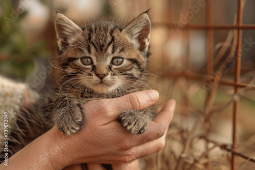 Tiny tabby kitten held gently in a human hand, its eyes wide and curious, showcasing the vulnerability and care of young pets.