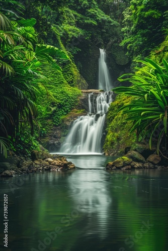 Serene Waterfall Oasis in Lush Tropical Forest © romanets_v