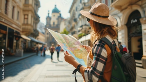 Female traveler exploring Europe using a map. photo