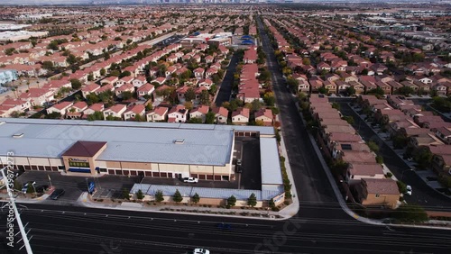 Aerial View, Las Vegas Suburbs, Summerlin Residential Neighborhood and Community Buildings, Revealing Drone Shot photo