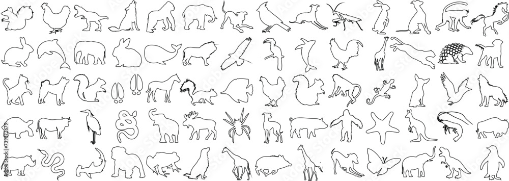 animal line art collection. Perfect for logos, tattoos, wall art. Features elephant, deer, bear. Simplistic designs, black outlines on white background