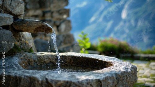 Wallpaper Mural Mountain Spring Water Flowing into a Stone Basin with Alpine View Torontodigital.ca
