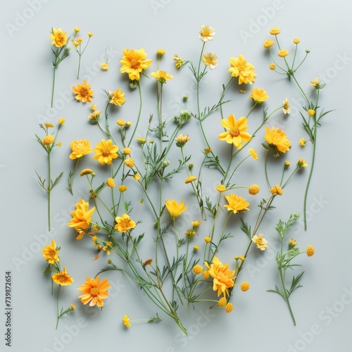 Flat Lay of Yellow Wildflowers and Plants on a Gray Background © romanets_v