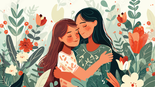 Mother embraces her daughter on a floral background