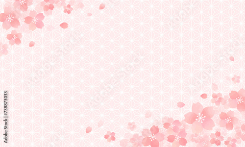 春　水彩風の桜と　ピンクの和柄 背景