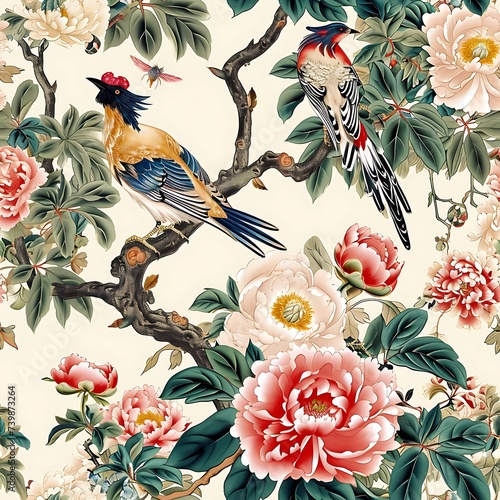 classic traditional Chinoiseries style peonies and birds on light background