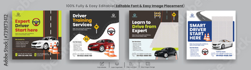 Editable car Driving school Instagram post and social media post banner template set with 3d car illustration, 
suitable for car repair and car washing website banner design bundle photo
