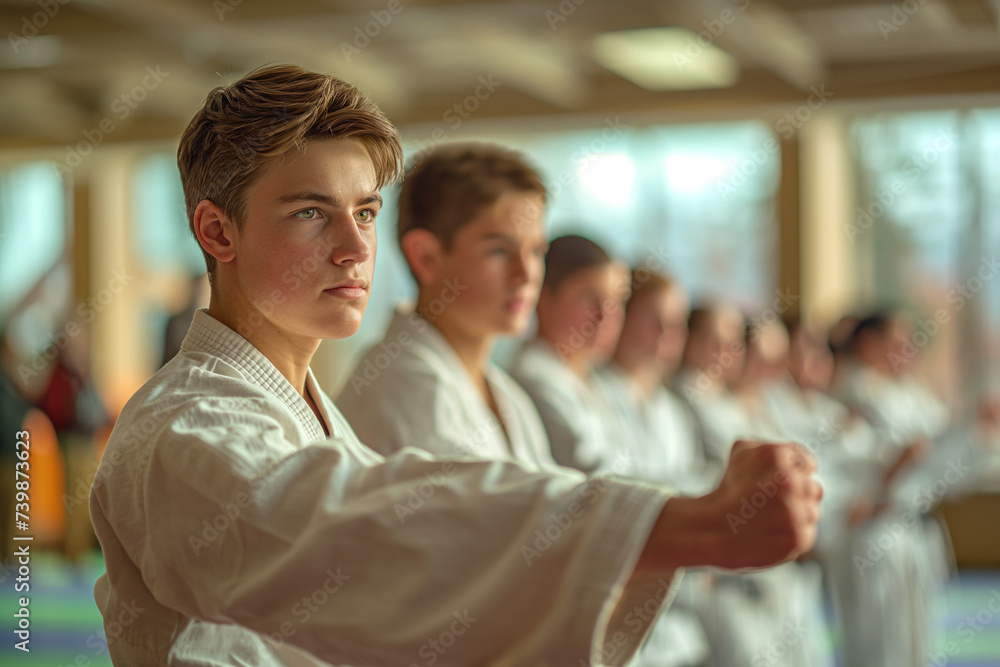 Male student practicing karate by instructor in class Male student practicing karate by instructor in class