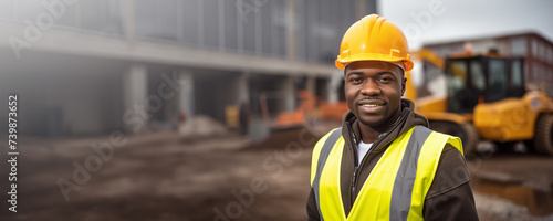 Young African American construction engineer at work with safety helmet and vest background banner © JoelMasson