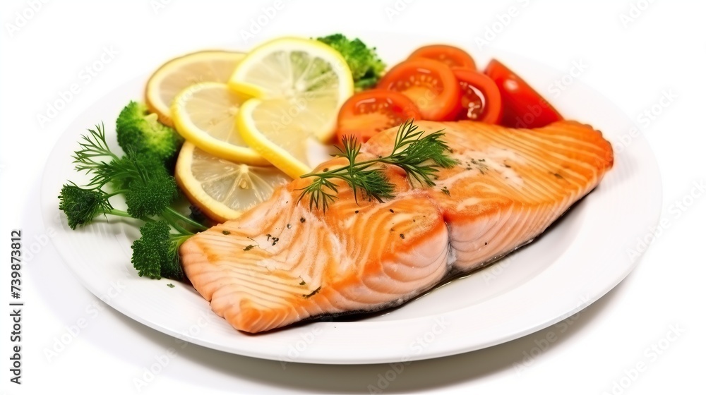 Salmon meat and broccoli on a white plate Salmon meat and broccoli on a white plate