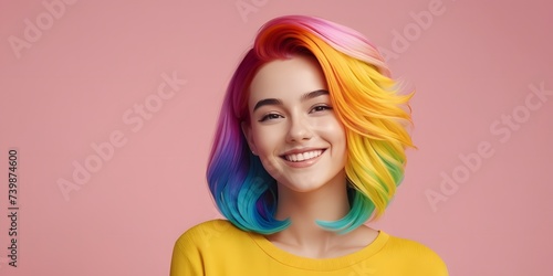 a woman with rainbow hair is smiling and wearing a yellow sweater . High quality