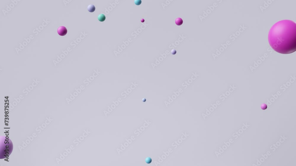 looping 3d animation, minimalist abstract geometric background. Assorted multicolored balls appear in the center and fly away. Animated intro