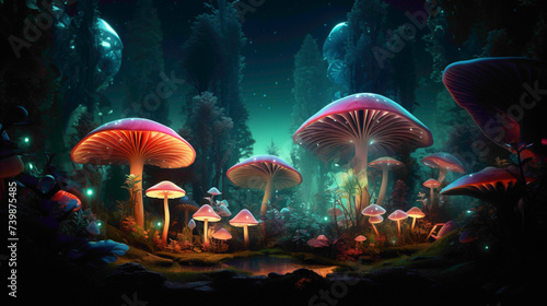 A fantastical forest of oversized, glowing mushrooms in a gradient of colors, set against a deep forest green background.