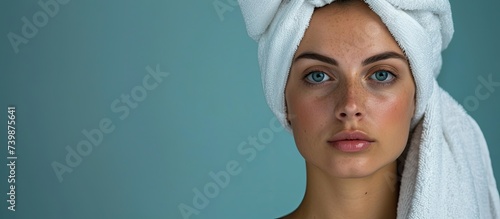A woman with a towel wrapped around her head standing in an empty area.