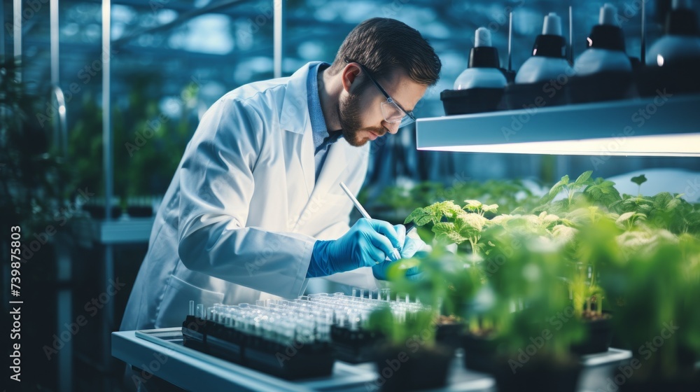 Agronomist conducts an experiment with cultivated plants by adding chemicals to a test tube in the laboratory. Biotechnology, New varieties of vegetables, berries and fruits in greenhouse conditions. Agronomist conducts an experiment with cultivated plants by adding chemicals to a test tube in the laboratory. Biotechnology, New varieties of vegetables, berries and fruits in greenhouse conditions.