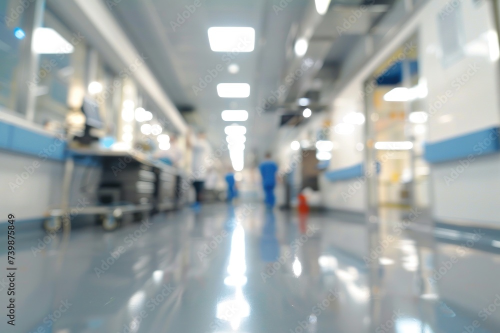 Fototapeta premium A blurry photo shows Doctors and nurses running the hospital while engineers collaborate on designing and installing advanced medical equipment