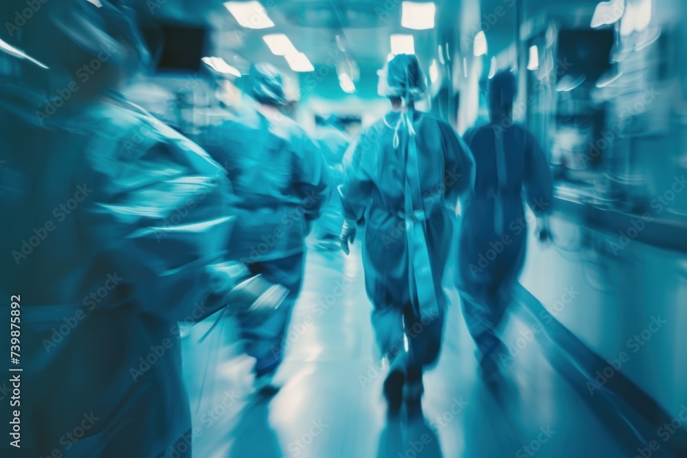 A blurry photo shows Doctors and nurses running the hospital while engineers collaborate on designing and installing advanced medical equipment A blurry photo shows Doctors and nurses running the hospital while engineers collaborate on designing and installing advanced medical equipment