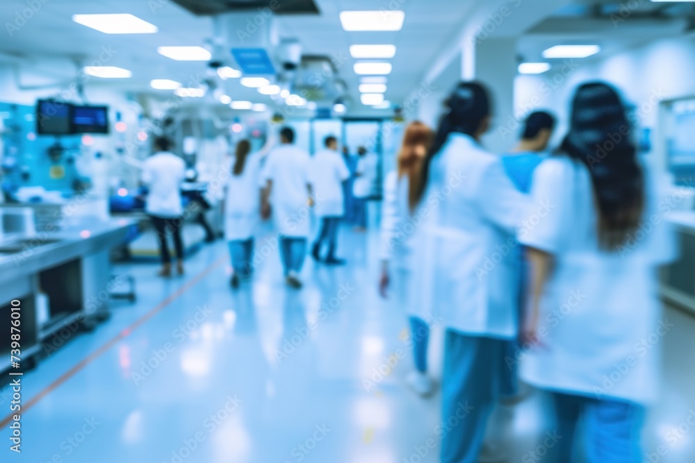 A blurry photo shows Doctors and nurses running the hospital while engineers collaborate on designing and installing advanced medical equipment A blurry photo shows Doctors and nurses running the hospital while engineers collaborate on designing and installing advanced medical equipment