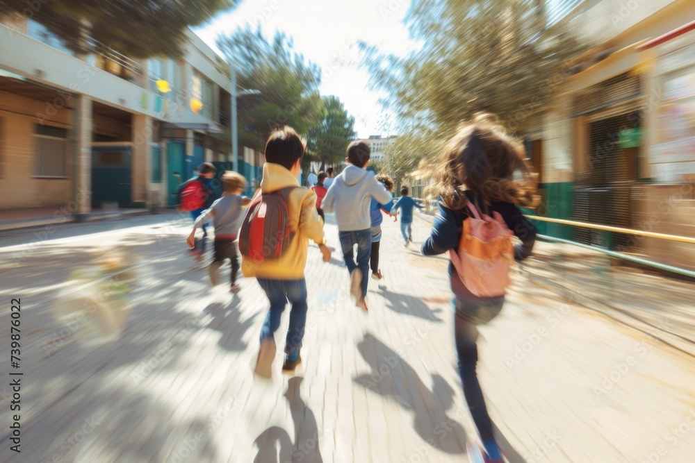 Obraz premium Blurred picture of a group of elementary school children running into a classroom during school rush hour. blurry back view