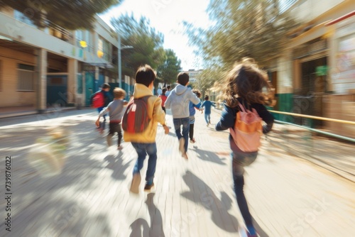 Blurred picture of a group of elementary school children running into a classroom during school rush hour. blurry back view