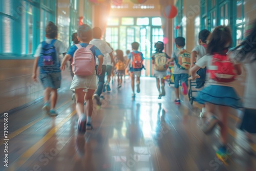 Blurred picture of a group of elementary school children running into a classroom during school rush hour. blurry back view