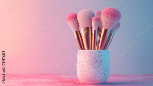 Makeup brushes in a glass vase on a pink background. copy space, generative ai