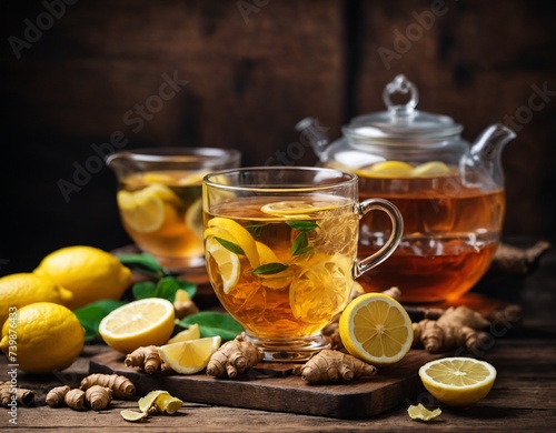 Healthy Tea with Ginger and Lemon on Rustic Wooden
