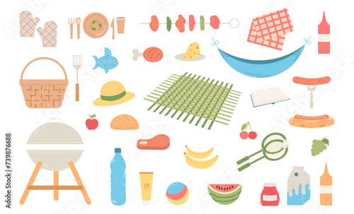 Set for picnic day. Flat Vector illustration. Food and items for summer or spring picnic
