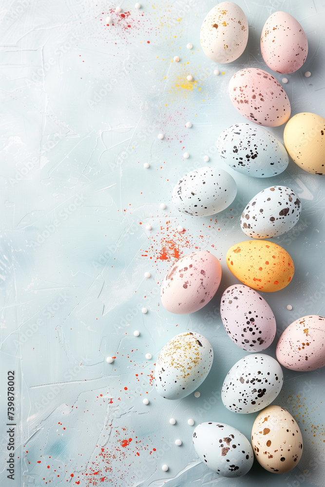 Easter composition of colorful eggs and branches. Vertical background for stories.