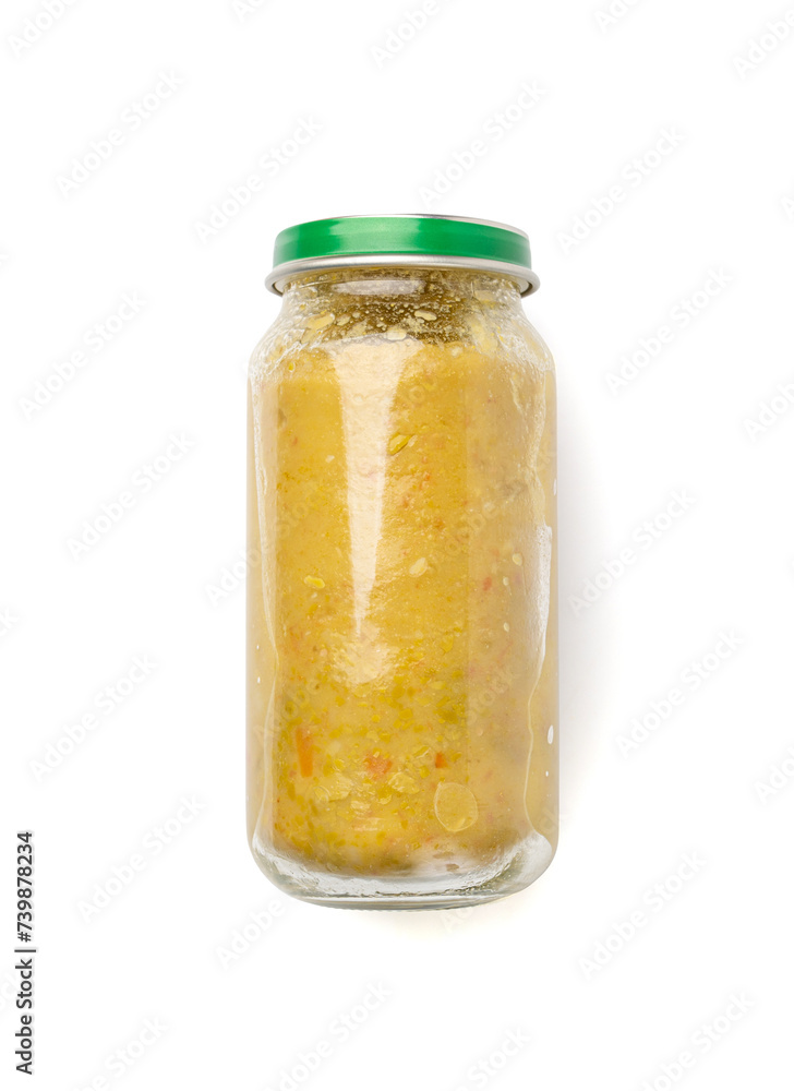 Baby Food Jar Isolated, Kid Puree Glass Bottle, Healthy Child Nutrition, Toddler Diet, Small Jar with Baby Food Baby Food Jar Isolated, Kid Puree Glass Bottle, Healthy Child Nutrition, Toddler Diet, Small Jar with Baby Food