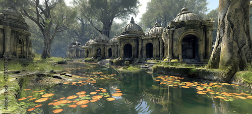    An enchanting view of an ancient  abandoned temple complex  reflected in a serene pond adorned with lily pads  surrounded by nature.