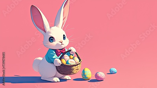 Cute Easter rabbit with eggs basket on mint color background with copy space, kawaii baby bunny in jacket, AI generated