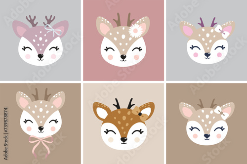 Illustration of cute deer, fawn. Baby, child, cute portrait. Little face, little animal, pet. Brown character, colorful graphic. Stickers, wall art, kids room decoration, cutie full face, small fawn