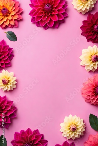 Dahlia flowers in a frame  highlighted in the background  top view. Mixed flower arrangements. A place to copy. Flowers for Mom. Wedding concept  Mother s Day  beautiful bridal bouquet  Birthday  Vale