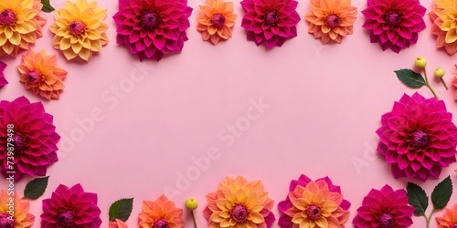 Dahlia flowers in a frame, highlighted in the background, top view. Mixed flower arrangements. A place to copy. Flowers for Mom. Wedding concept, Mother's Day, beautiful bridal bouquet, Birthday, Vale photo