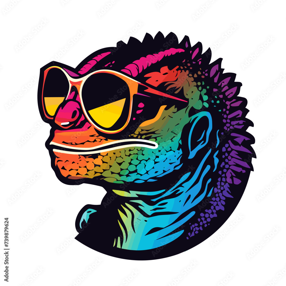 Vector illustration of a colorful iguana wearing sunglasses isolated on white background