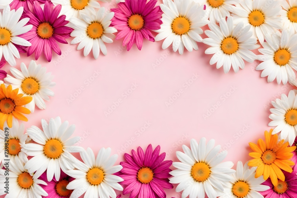 Chamomile flowers in a frame, highlighted in the background, top view. Mixed flower arrangements. A place to copy. Flowers for Mom. Wedding concept, Mother's Day, beautiful bridal bouquet, Birthday, V