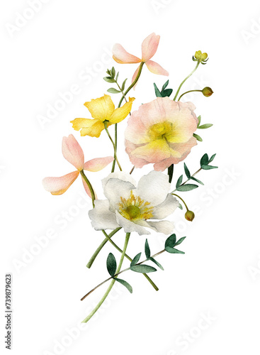 Watercolor floral arrangement of pink Iceland poppy, white, yellow flowers, leaves isolated. Summer spring bouquet, botanical illustration for wedding invitation, card, fabric, decoration
