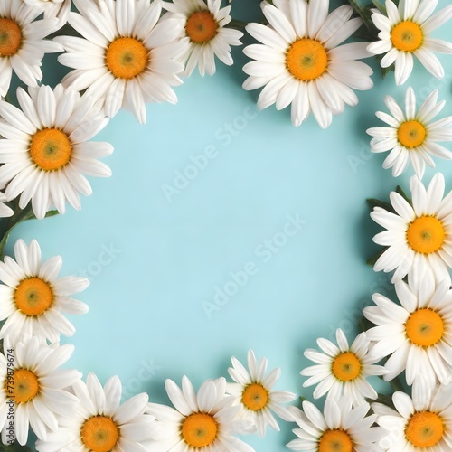 Chamomile flowers in a frame, highlighted in the background, top view. Mixed flower arrangements. A place to copy. Flowers for Mom. Wedding concept, Mother's Day, beautiful bridal bouquet, Birthday, V © 360VP