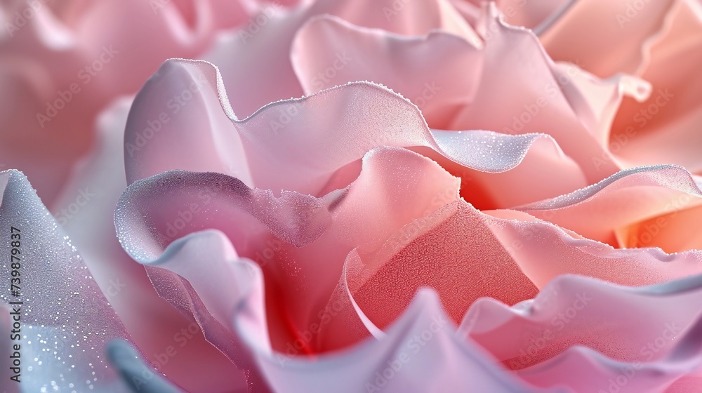 Close-up of rose petals adorned with frost, embodying the softness and wavy grace of winter.