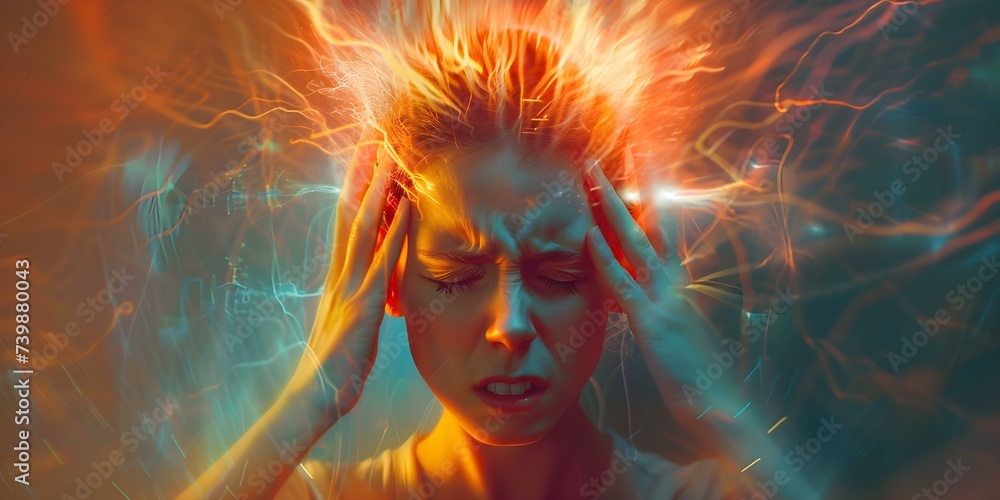 A person experiencing intense stress and headache due to neurological distress. Concept Stress Management, Headache Relief, Neurological Support, Mindfulness Techniques, Coping Strategies