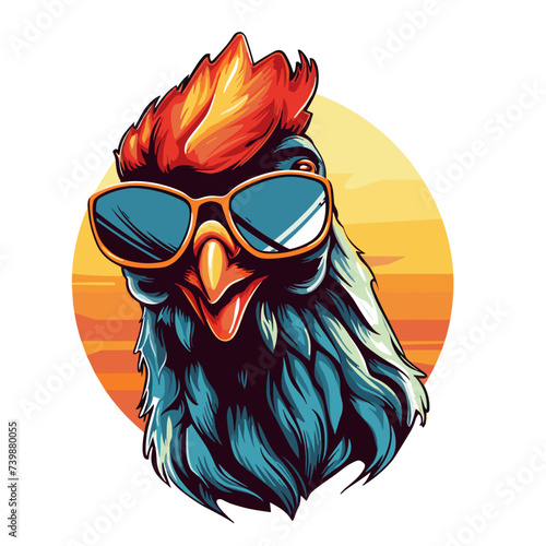 Vector illustration of a rooster head with glasses and sunburst.